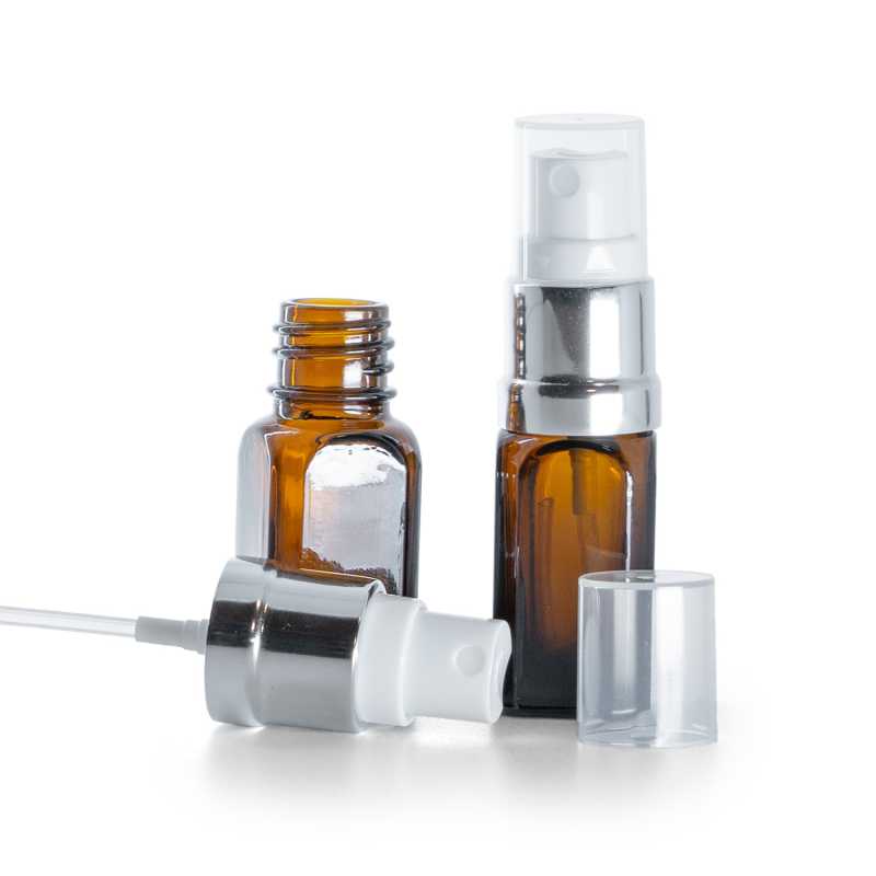 Frasco de vidrio ámbar, angular, pulverizador blanco plateado brillante, 10 ml