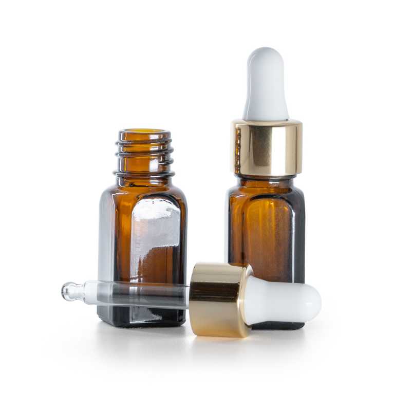 Frasco de vidrio ámbar angular, gotero blanco dorado, 10 ml