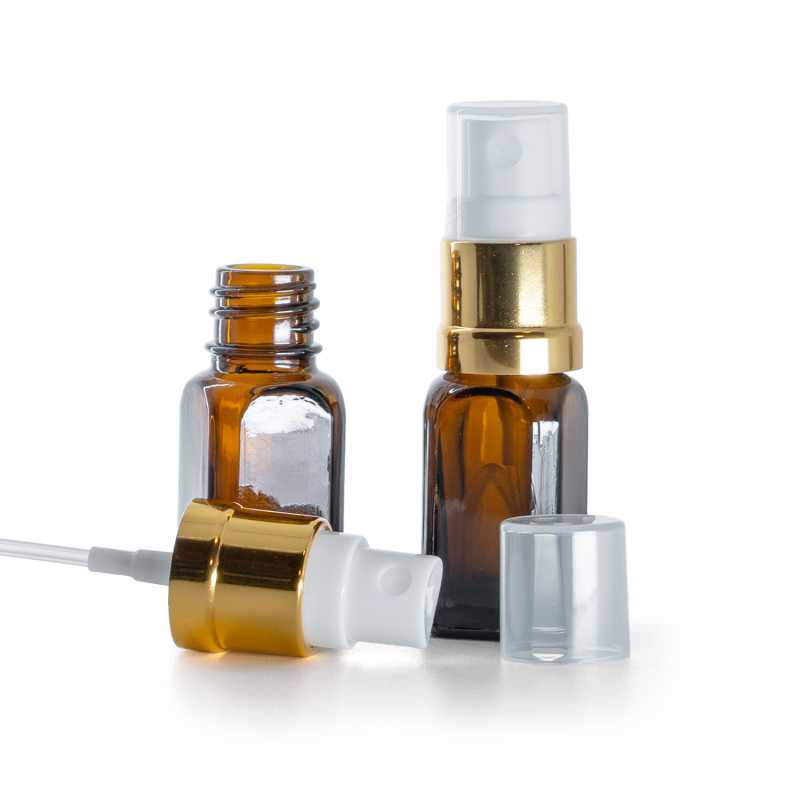 Botella de vidrio ámbar angular, pulverizador blanco dorado brillante, 10 ml