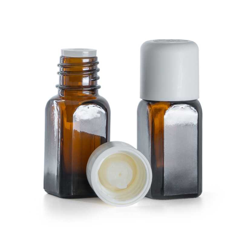 Frasco de vidrio ámbar, angular, con tapón de seguridad blanco y cuentagotas, 10 ml