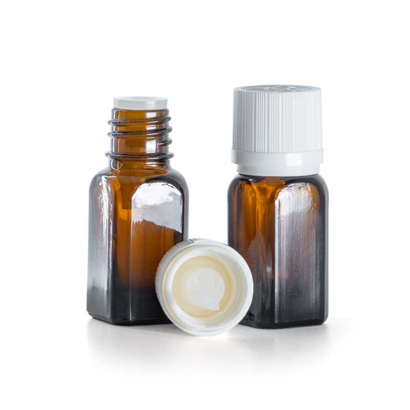 Frasco de vidrio ámbar, tapón de seguridad inviolable blanco con cuentagotas, 10 ml