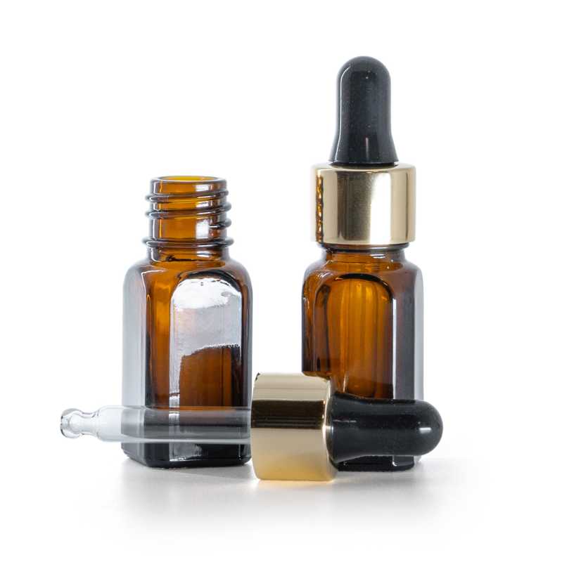 Frasco de vidrio ámbar, angular, cuentagotas negro y dorado, 10 ml