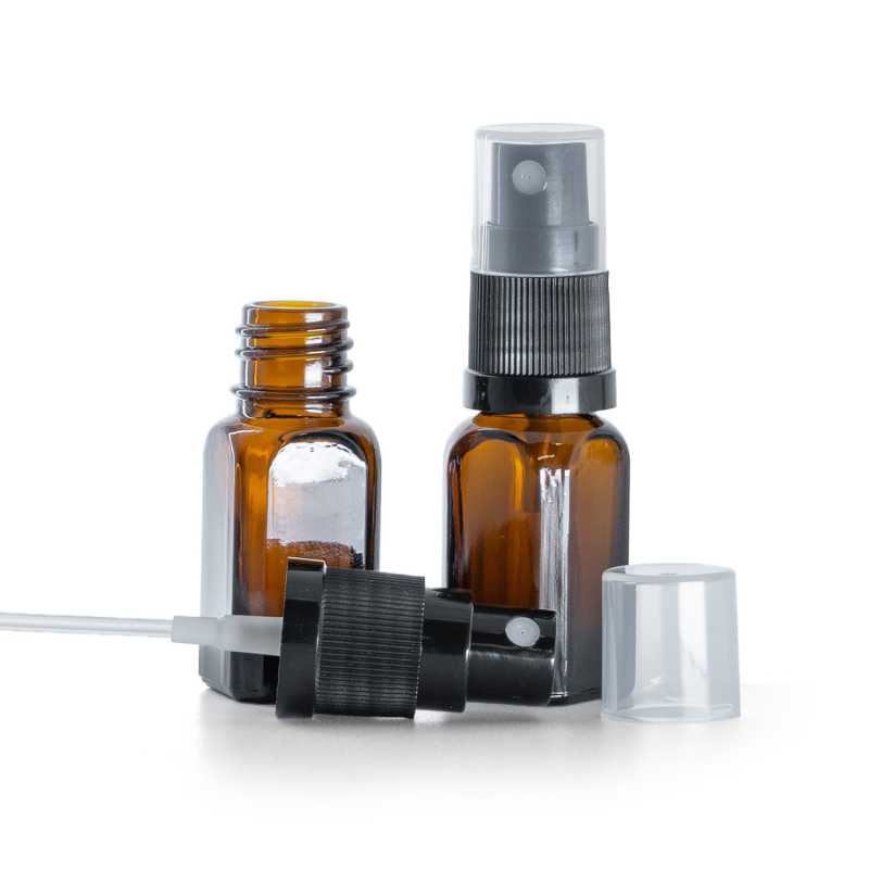 Envase de vidrio, cuadrado, pulverizador negro, 10 ml