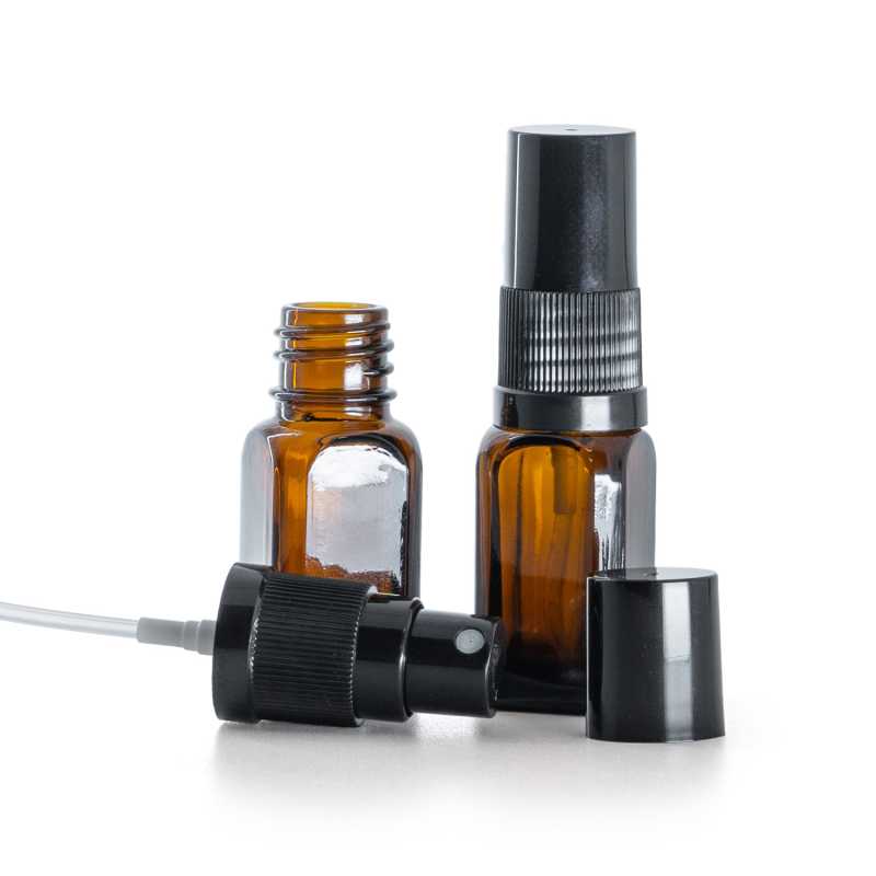 Botella de vidrio ámbar, angular, pulverizador negro, tapón negro, 10 ml