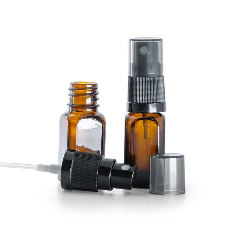 Frasco de vidrio cuadrado, pulverizador negro, sobretapa ahumada, 10 ml