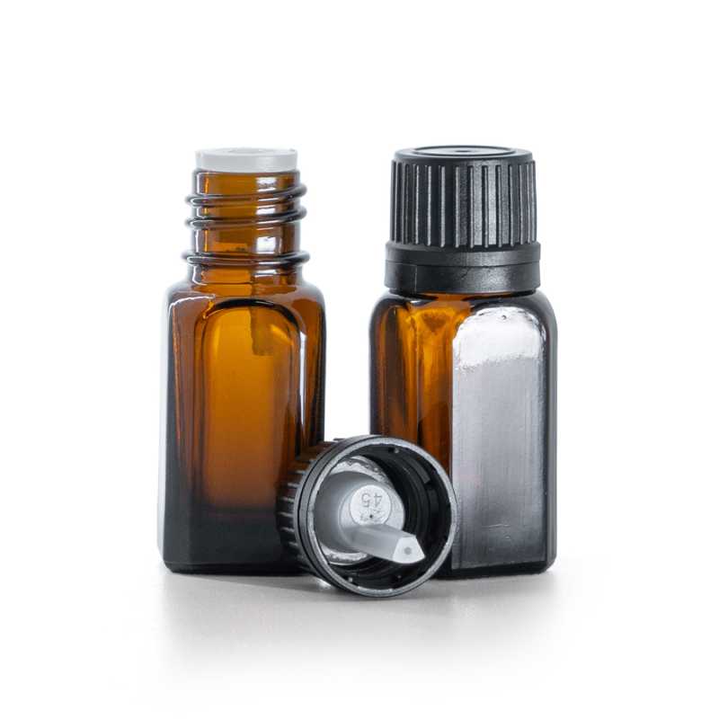 Frasco de vidrio angular, ámbar, tapón negro con cuentagotas, 10 ml