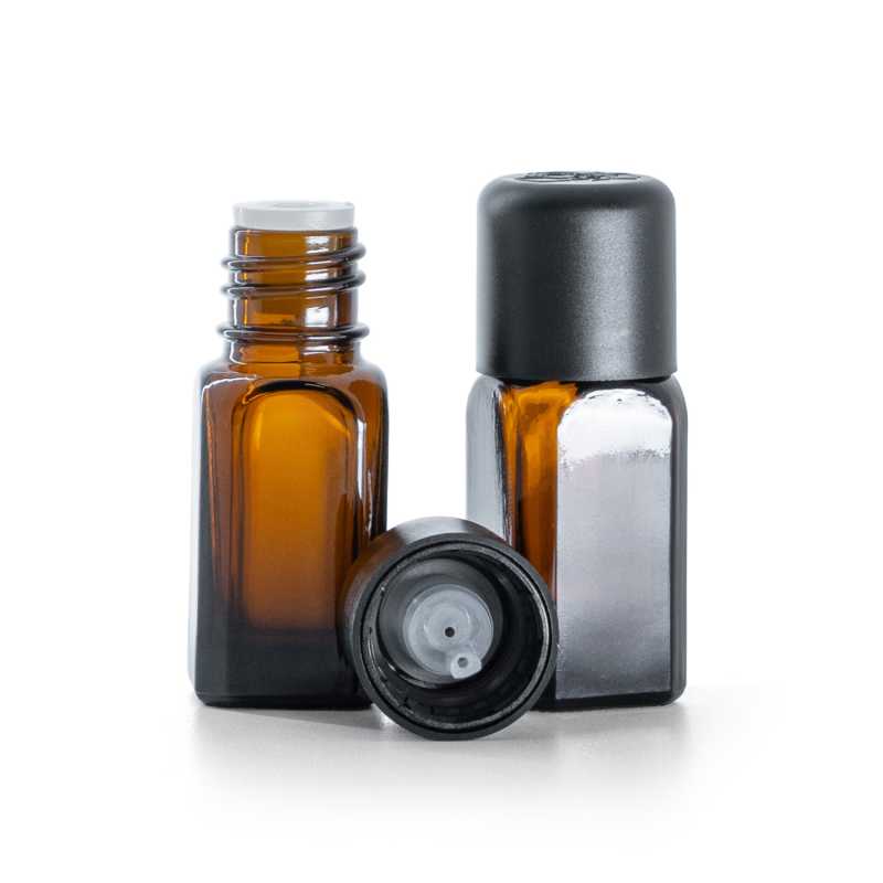 Frasco de vidrio ámbar, angular, tapón de seguridad inviolable negro con cuentagotas, 10 ml
