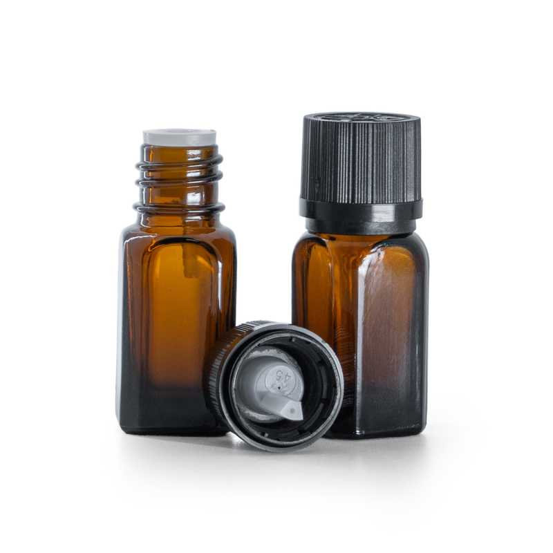 Botella de vidrio ámbar con tapón negro de seguridad y cuentagotas, 10 ml