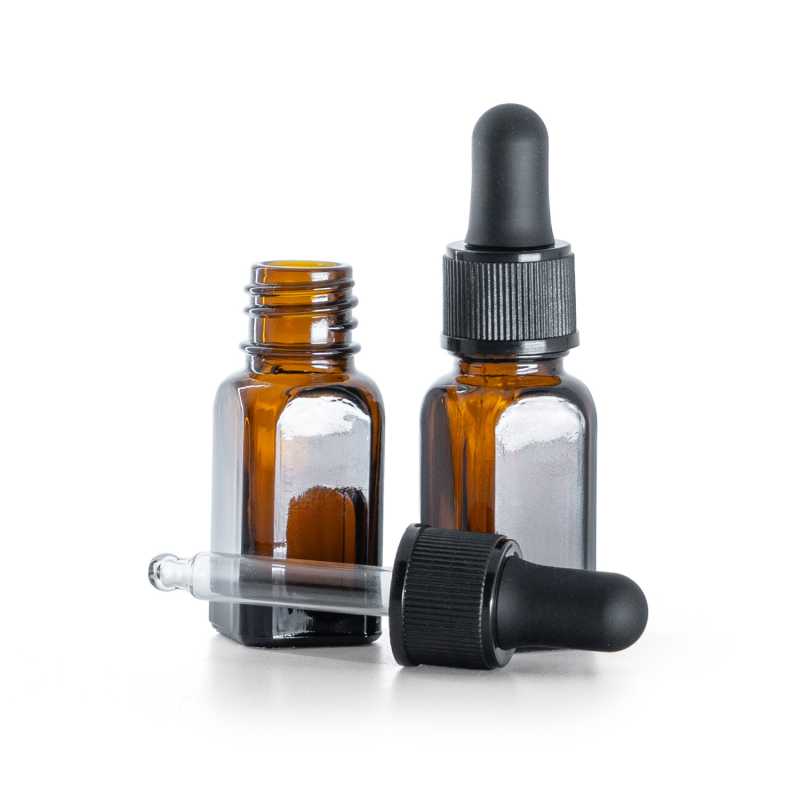 Botella de vidrio ámbar angular, cuentagotas negro plástico, 10 ml