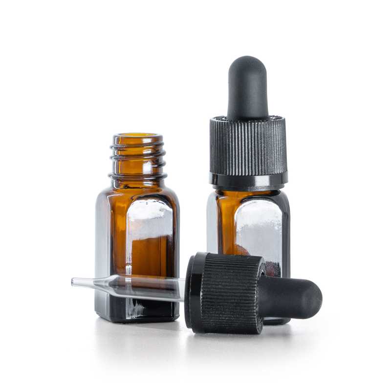 Frasco de vidrio ámbar, angular, cuentagotas de seguridad inviolable negro, 10 ml
