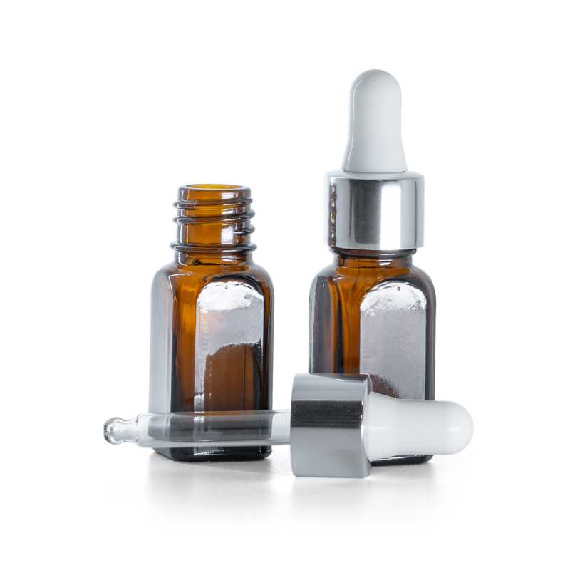 Frasco de vidrio ámbar angular, cuentagotas blanco plateado brillante, 10 ml