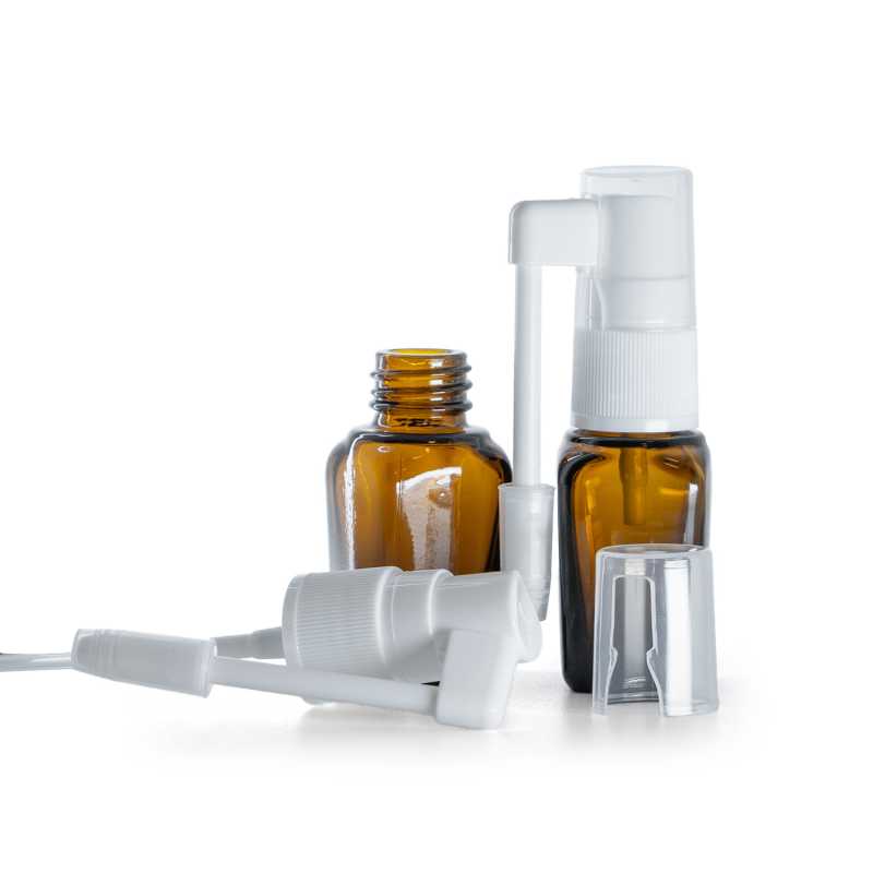 Frasco de vidrio, cuadrado, pulverizador oral, ámbar, 10 ml