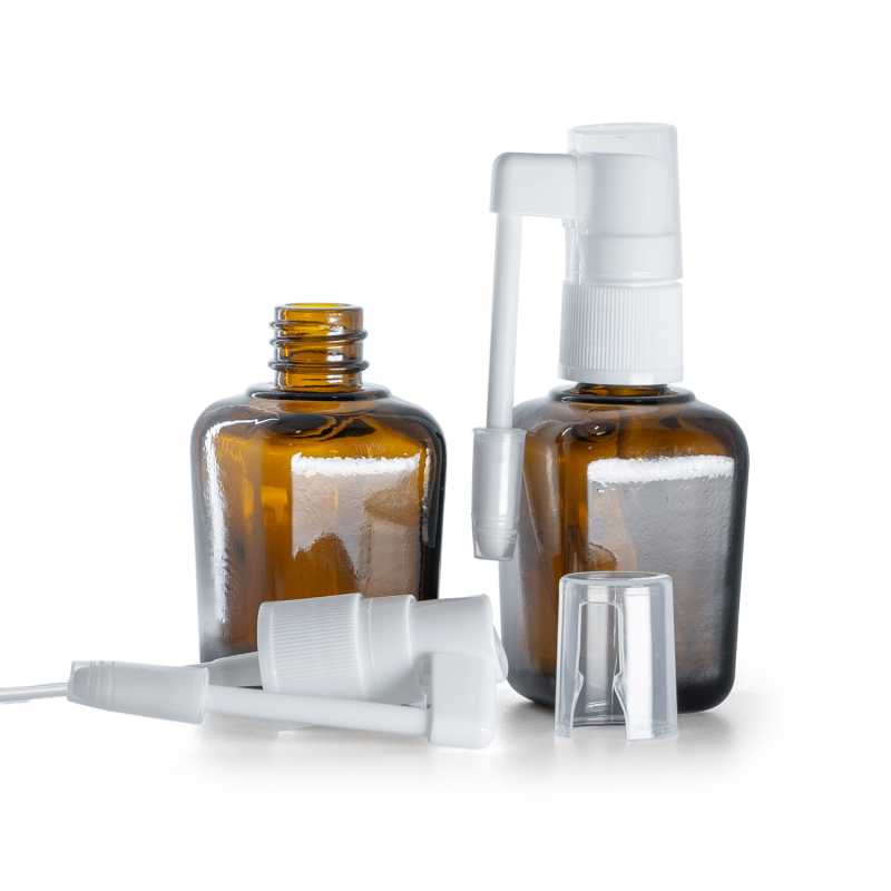Botella de vidrio ámbar cuadrada, pulverizador bucal blanco, 30 ml