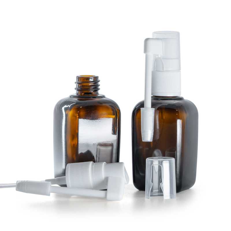 Botella de vidrio ámbar cuadrada, pulverizador oral blanco, 45 ml