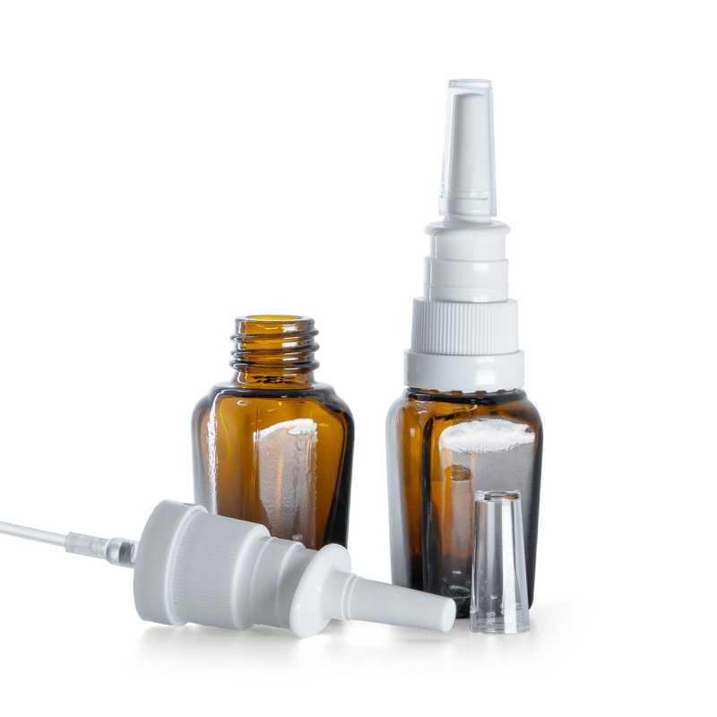 Frasco de vidrio ámbar cuadrado, pulverizador nasal blanco, 10 ml