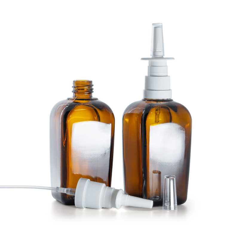 Botella de vidrio ámbar cuadrada, pulverizador nasal blanco, 90 ml
