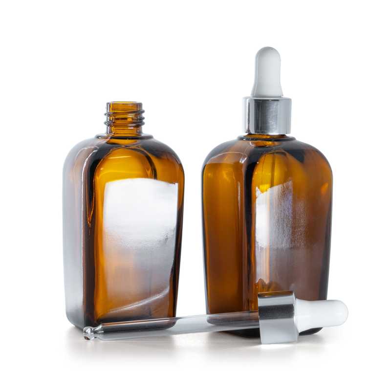 Frasco de vidrio ámbar cuadrado, gotero plateado brillante, 90 ml