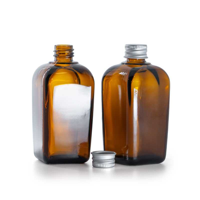 Botella de vidrio ámbar cuadrada, tapón de aluminio plateado, 90 ml