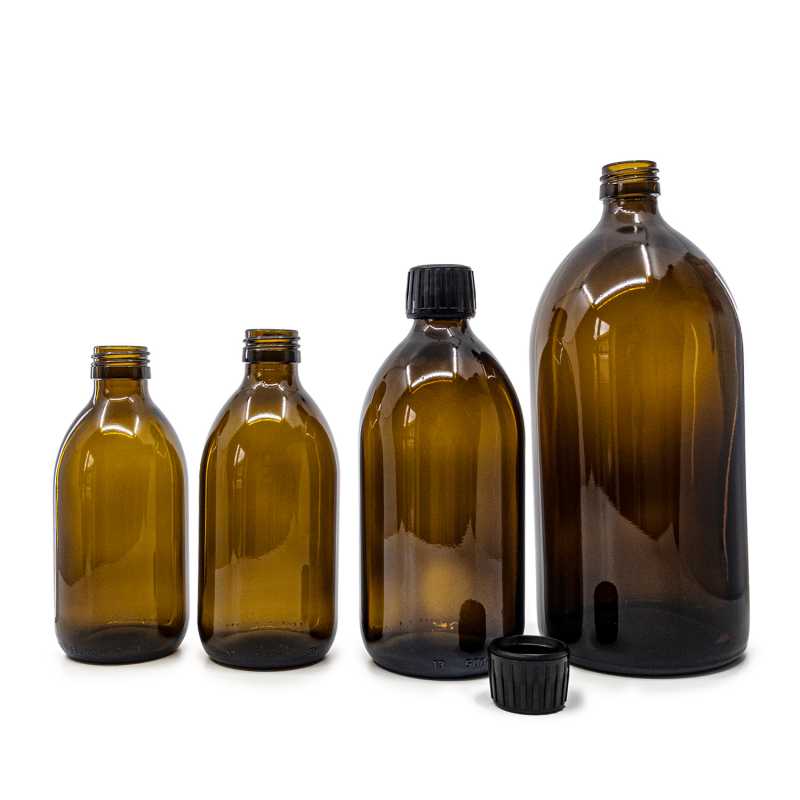 Botella de vidrio ámbar, 28 mm, 250 ml, tapón negro