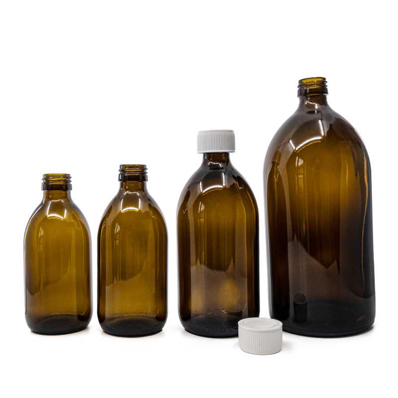 Botella de vidrio ámbar, 28 mm, tapón de seguridad infantil blanco, 300 ml