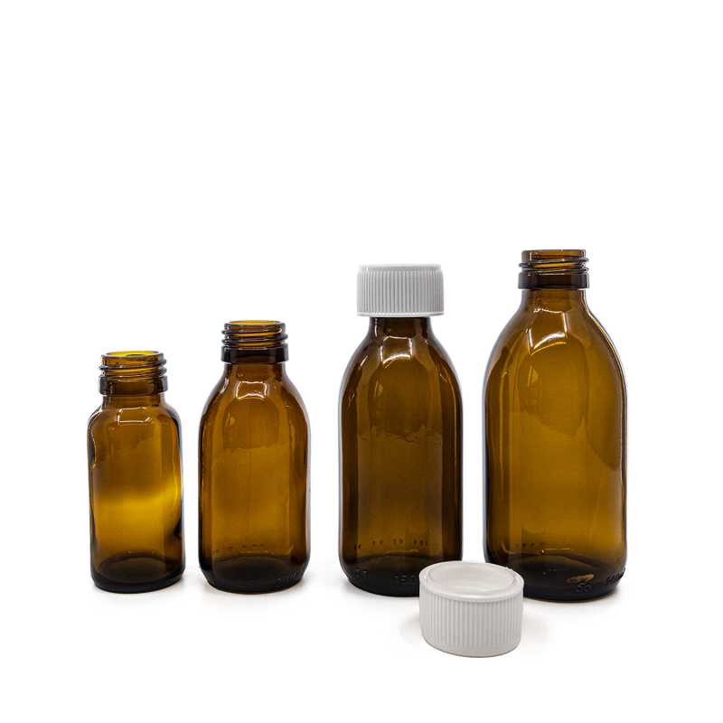 Botella de vidrio ámbar, tapón blanco con cierre de seguridad, 150 ml