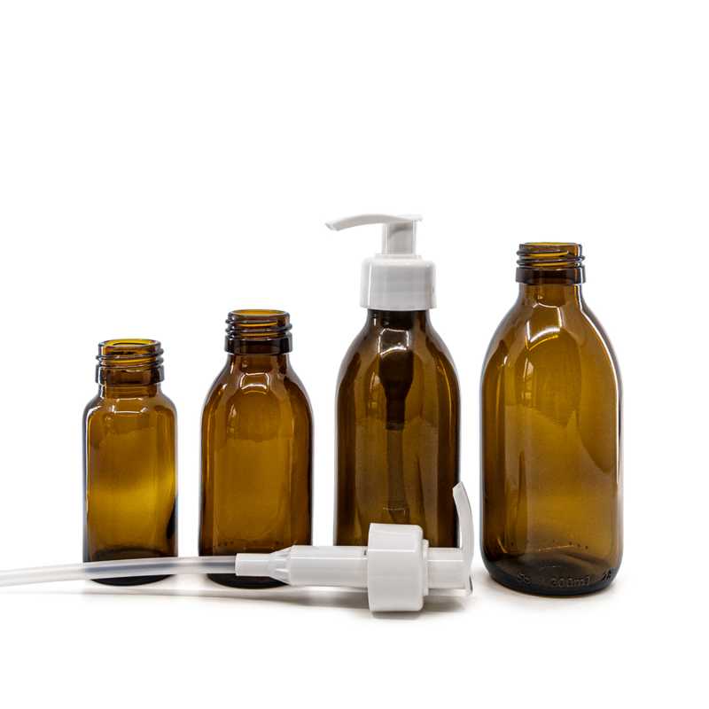 Botella de vidrio ámbar, dispensador blanco, 150 ml