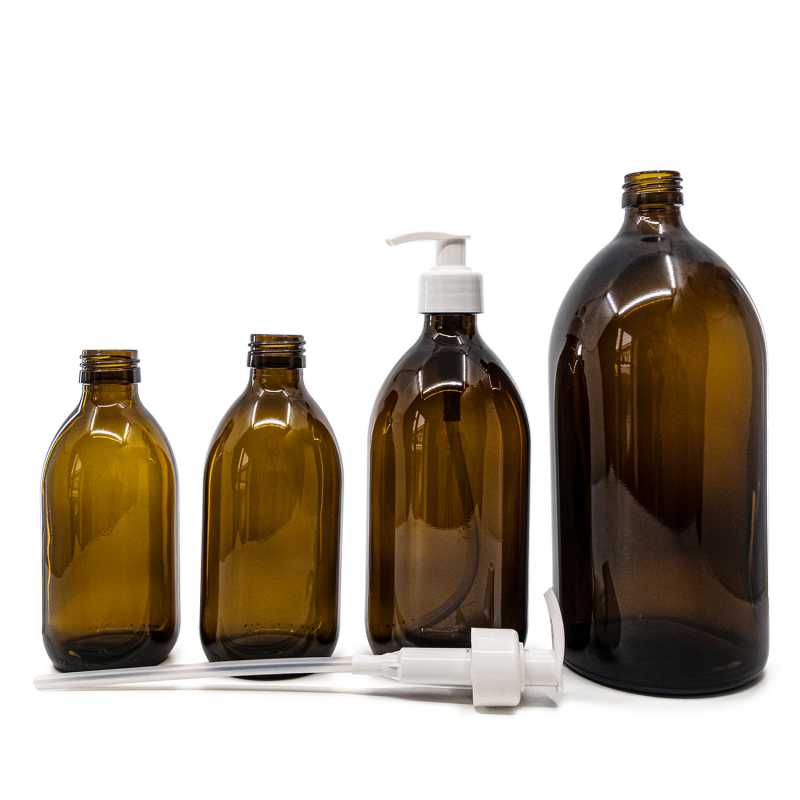 Botella de vidrio ámbar, dispensador blanco, 300 ml