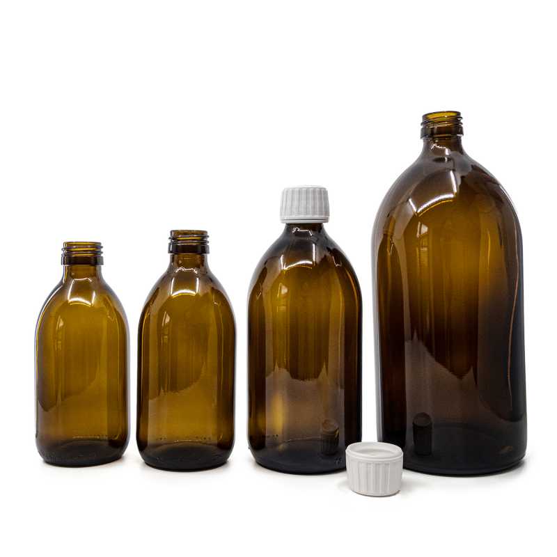 Botella de vidrio ámbar, 28 mm, tapón blanco, 1 l