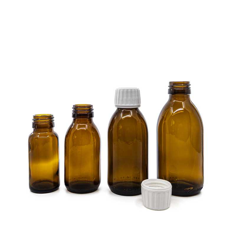 Botella de vidrio ámbar, tapón blanco, 150 ml