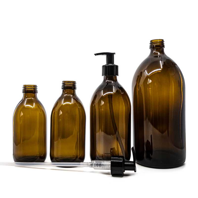Botella de vidrio marrón, dispensador negro liso, 300 ml
