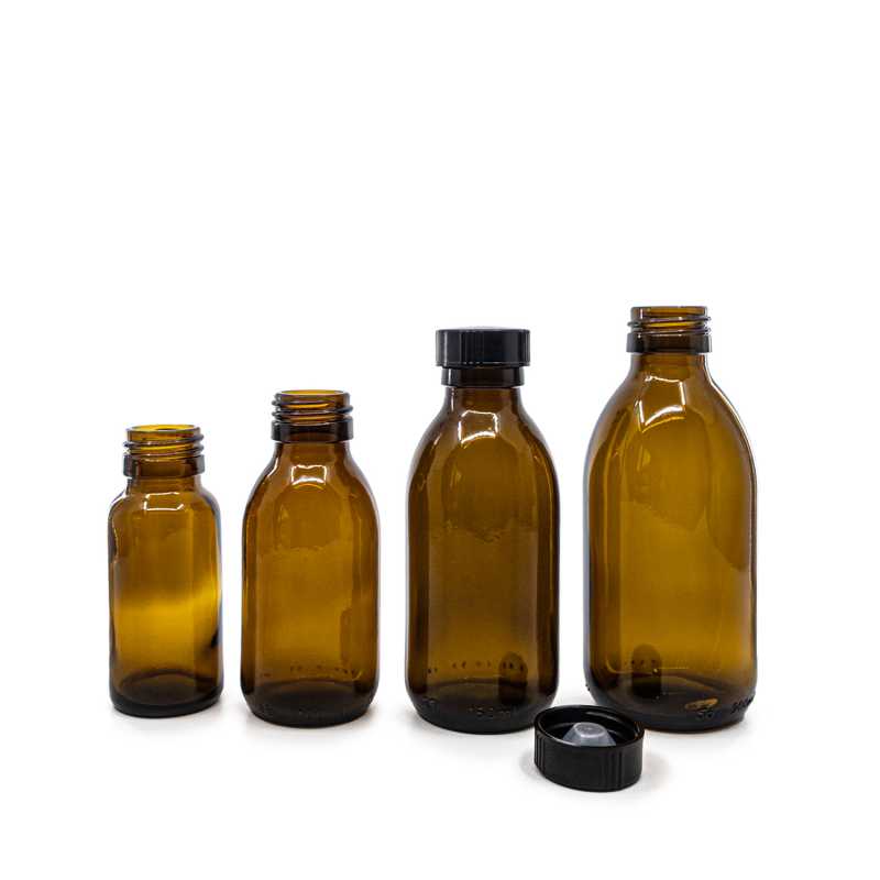 Botella de vidrio ámbar, 28 mm, tapón negro bajo, 200 ml