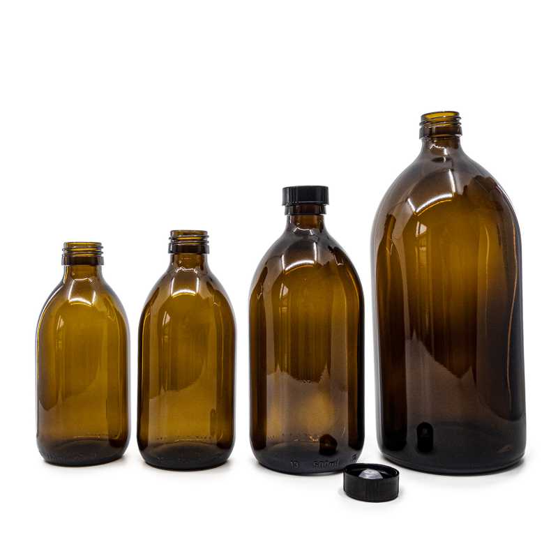 Botella de vidrio marrón, 28 mm, tapón negro bajo, 300 ml