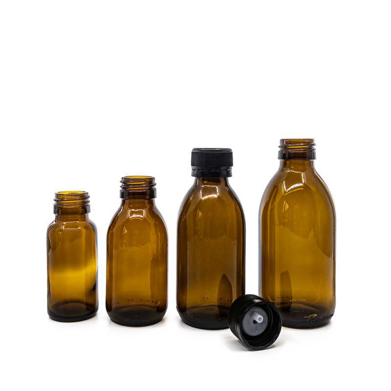 Botella de vidrio ámbar, tapón de plástico negro con cuentagotas interior, 150 ml, cuello 28 mm