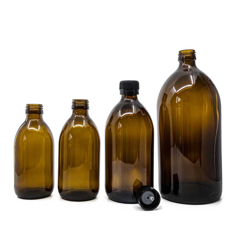 Frasco de vidrio ámbar, 28 mm, tapón de plástico negro con cuentagotas interior, 250 ml