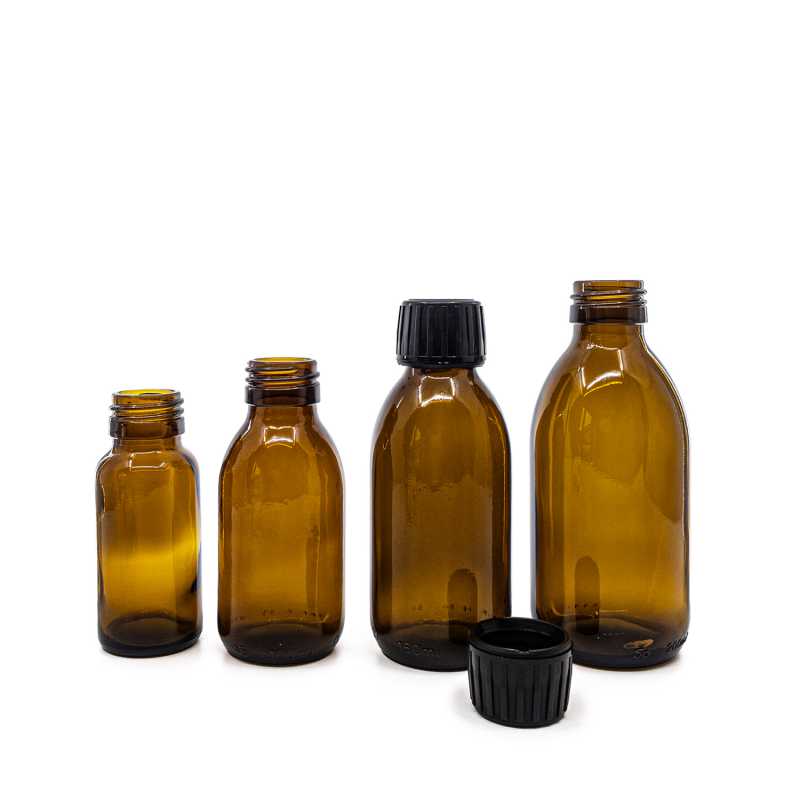 Botella de vidrio ámbar, 28 mm, tapón negro, 100 ml