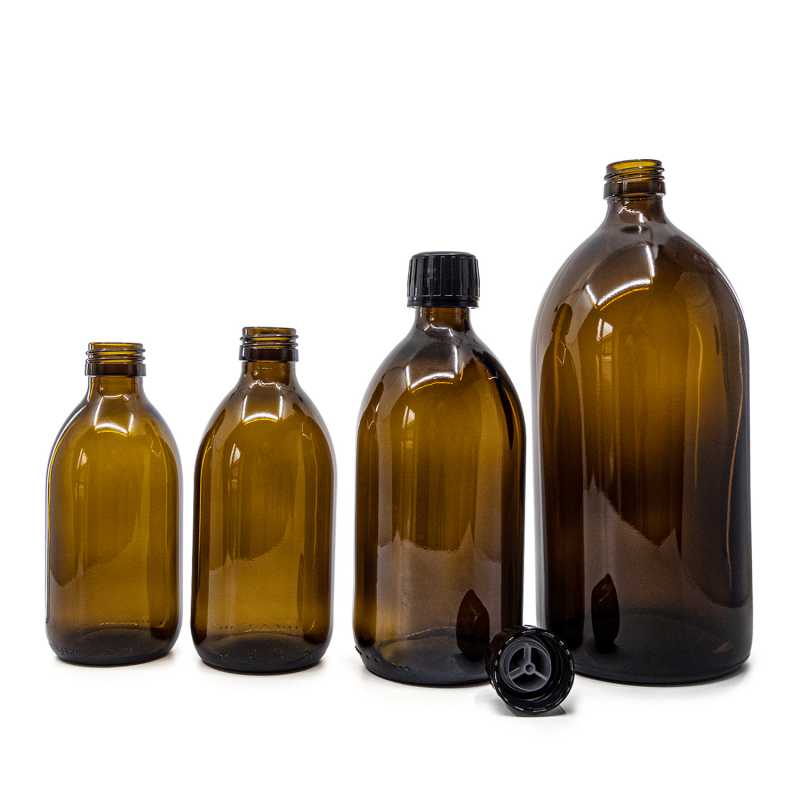 Botella de vidrio ámbar, 28 mm, tapón negro con inserto vertedor, 300 ml