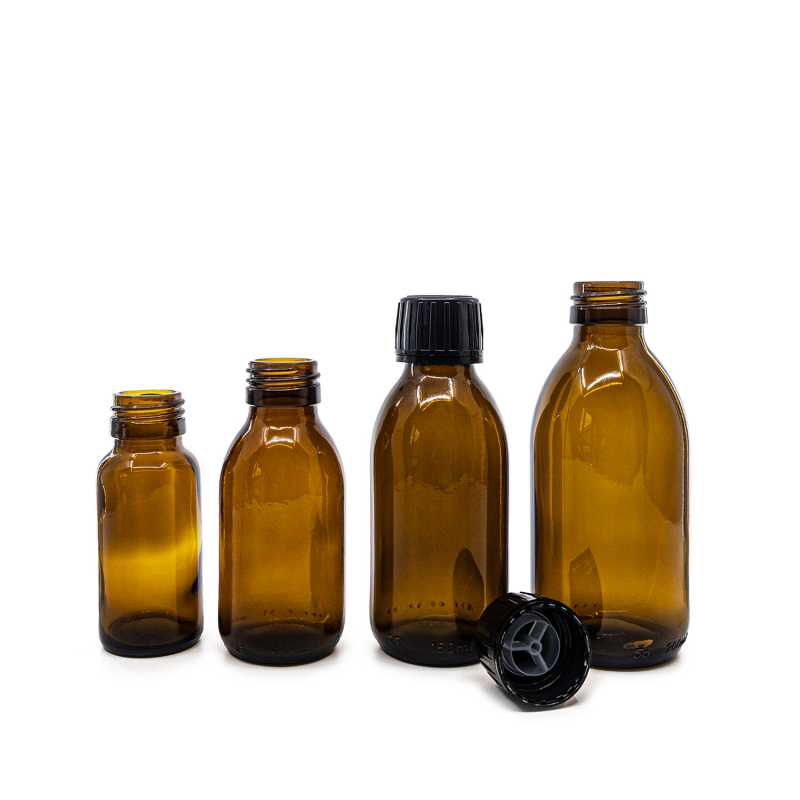 Frasco de vidrio ámbar, 28 mm, tapón negro con inserto vertedor, 50 ml