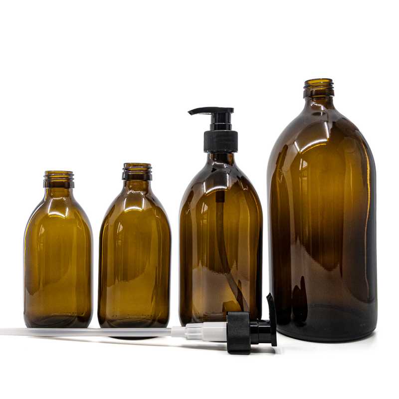 Botella de vidrio ámbar, dispensador negro estriado, 1 l