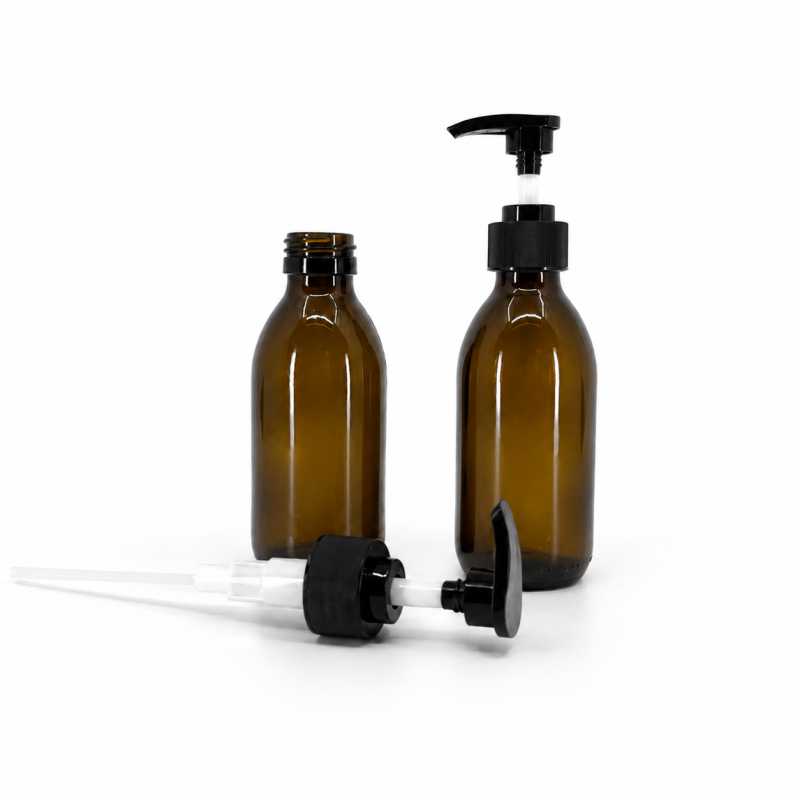 Botella de vidrio marrón, 28 mm, dispensador estriado negro, 150 ml