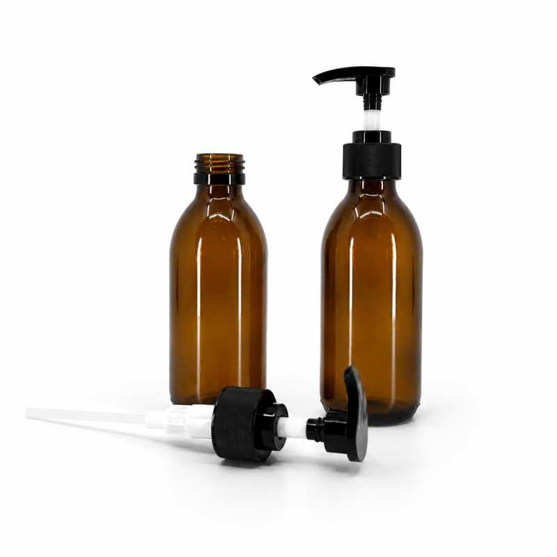 Botella de vidrio ámbar, 28 mm, dispensador estriado negro, 200 ml