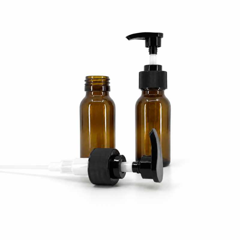Frasco de vidrio ámbar, 28 mm, dispensador estriado negro, 50 ml