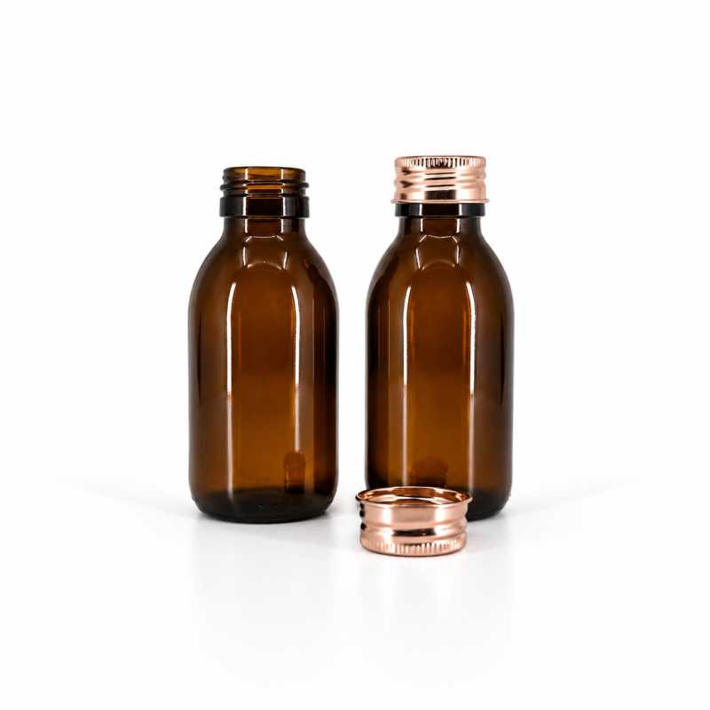 Frasco de vidrio ámbar, cuello 28 mm, tapón de aluminio oro rosa, 100 ml