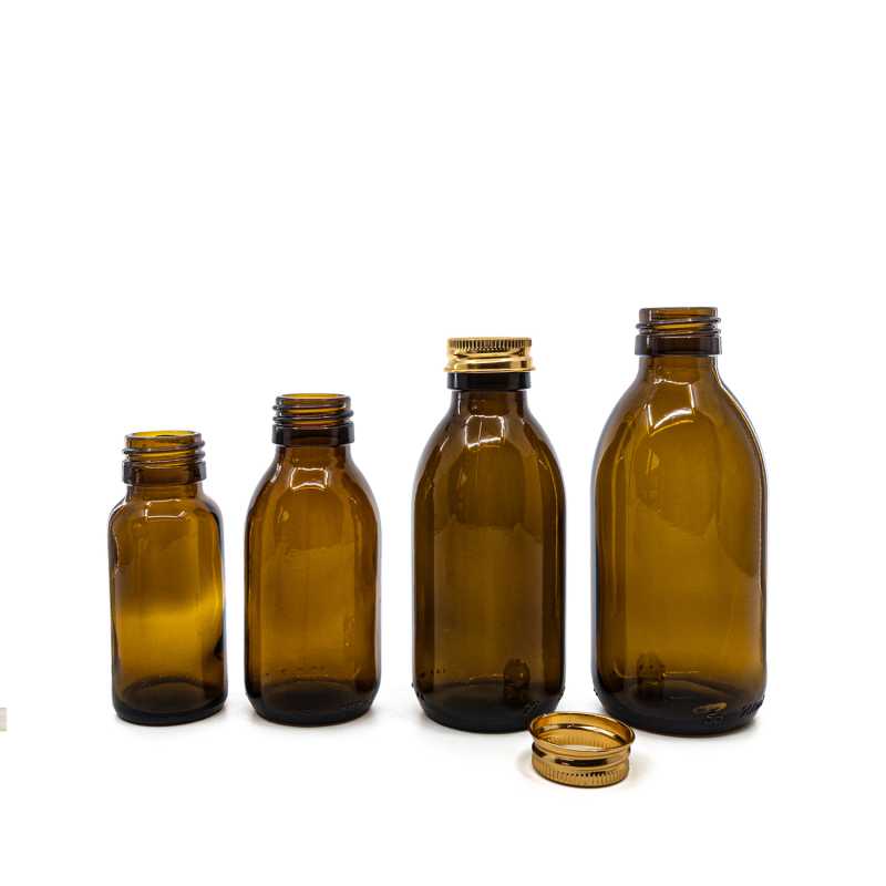 Botella de vidrio marrón, 28 mm, tapón de aluminio oro rosa, 200 ml