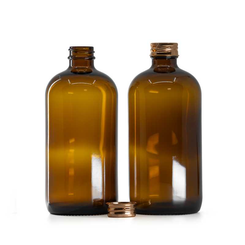 Botella de vidrio ámbar, 28 mm, tapón de aluminio oro rosa, 480 ml