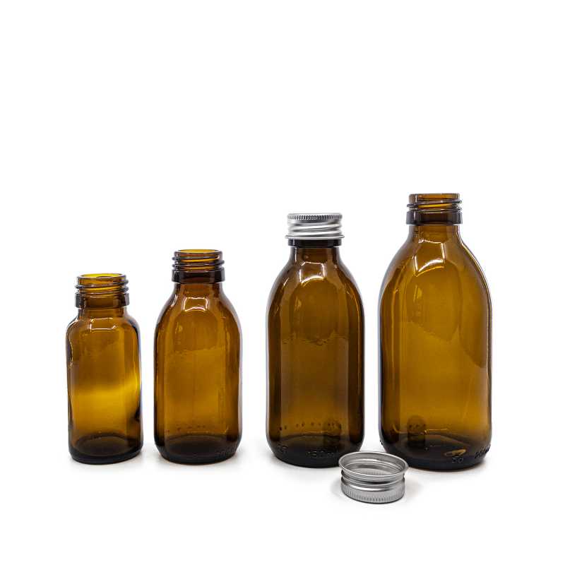 Frasco de vidrio ámbar redondo para jarabe, 28 mm, tapón de aluminio plateado, 50 ml