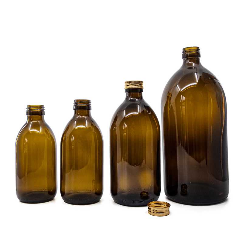 Botella de vidrio ámbar, 28 mm, tapón de aluminio dorado, 300 ml