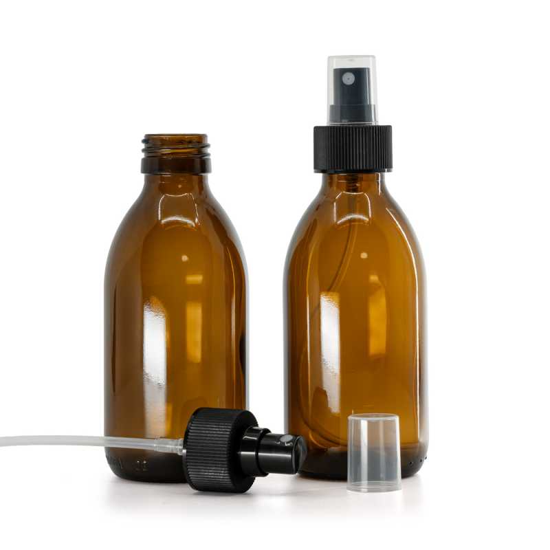 Botella de vidrio ámbar, pulverizador negro, anillo estriado, 28/410, 200 ml