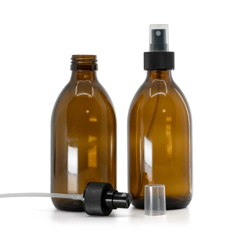 Botella de vidrio ámbar, pulverizador de plástico, negro, anillo estriado, 300 ml