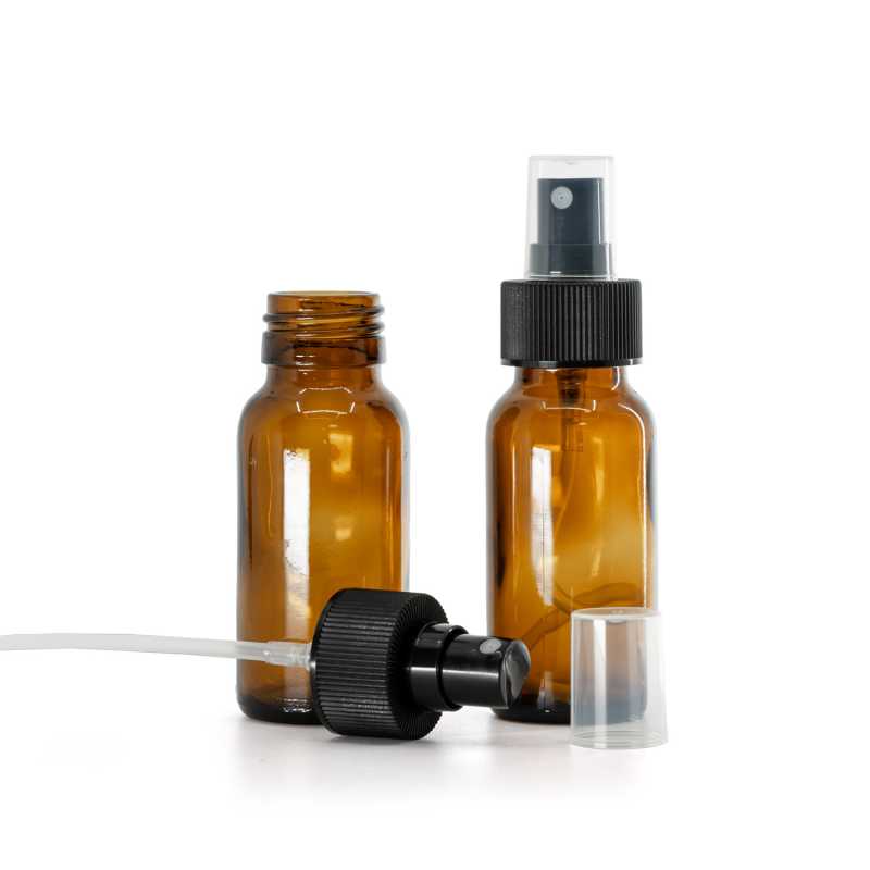 Frasco de vidrio marrón, pulverizador negro, anillo estriado, 50 ml