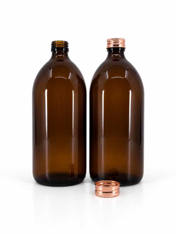 Botella de vidrio marrón, 28 mm, tapón oro rosa, 1 l